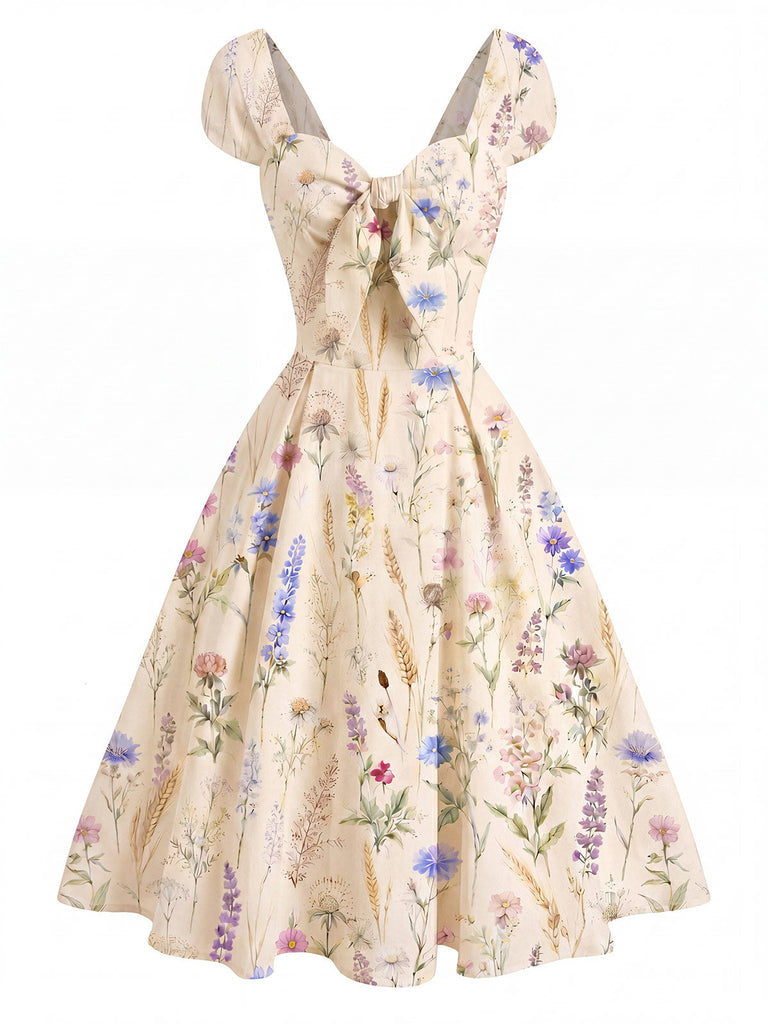 [Prevendita] Abito Beige Scollo a Cuore Fiori Selvatici con Fiocco Anni '50 2