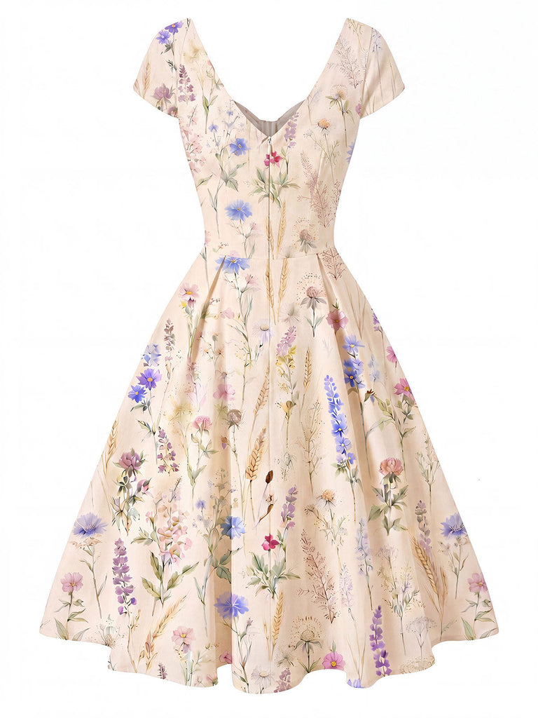 [Prevendita] Abito Beige Scollo a Cuore Fiori Selvatici con Fiocco Anni '50 3
