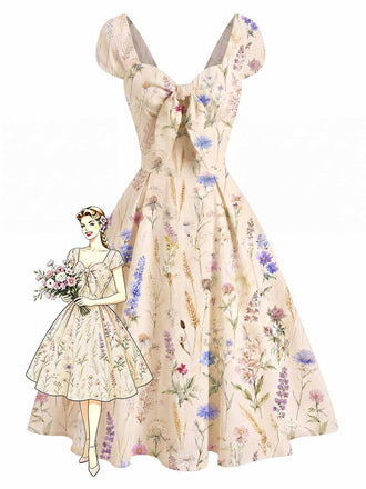 [Prevendita] Abito Beige Scollo a Cuore Fiori Selvatici con Fiocco Anni '50