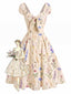 [Prevendita] Abito Beige Anni '50 con Fiori Selvatici e Fiocco e Scollo a Cuore