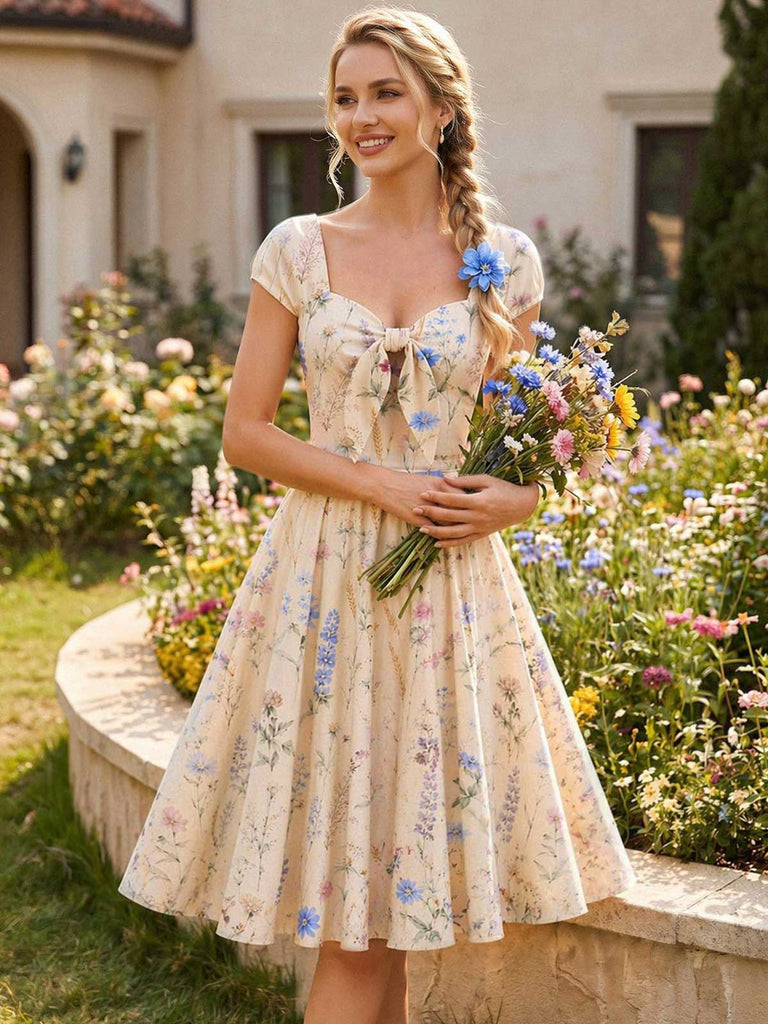 [Prevendita] Abito Beige Scollo a Cuore Fiori Selvatici con Fiocco Anni '50 4