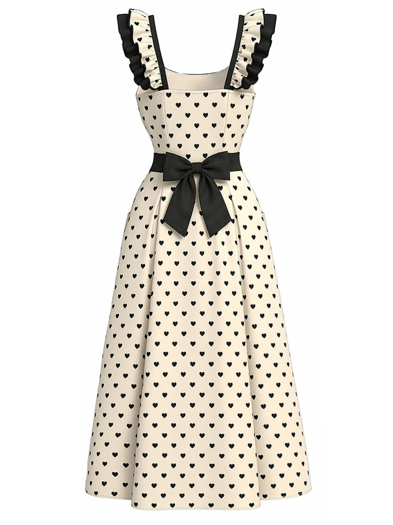 [Prevendita] Abito a Ruota Ivory Anni '40 Stampa Cuori con Volant Strap 3