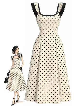 [Prevendita] Abito a Ruota Ivory Anni '40 Stampa Cuori con Volant Strap