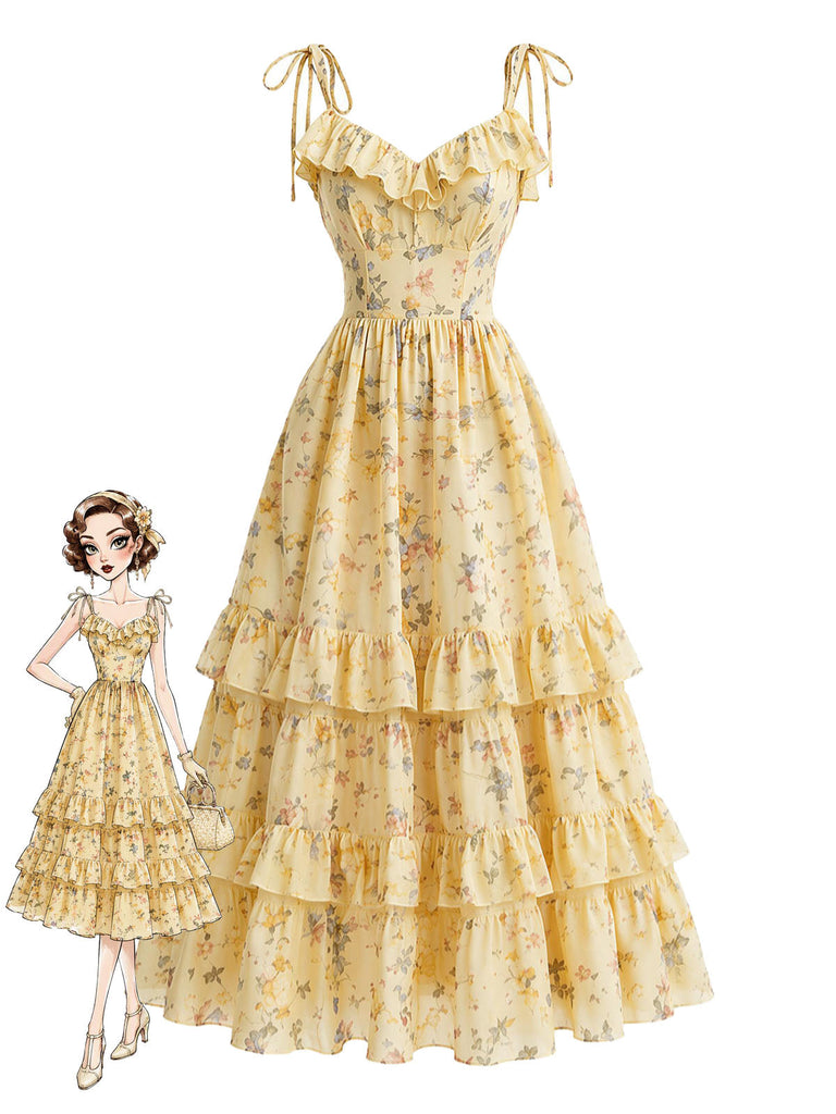 [Prevendita] Abito Giallo Anni '50 Floreale Spalline con Lacci a Balze con Volant