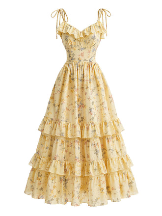 [Prevendita] Abito Giallo Anni '50 Floreale Spalline con Lacci a Balze con Volant 2