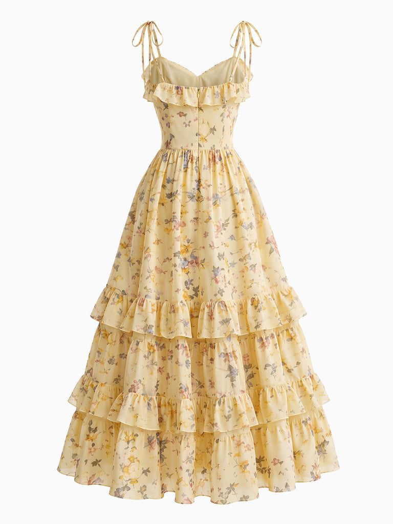 [Prevendita] Abito Giallo Anni '50 Floreale Spalline con Lacci a Balze con Volant 3