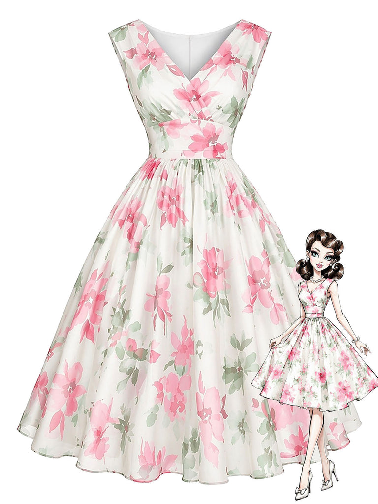 [Prevendita] Abito Rosa Scuro Anni '50 Floreale Scollo a V Cinched Waist