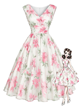 [Prevendita] Abito Rosa Scuro Anni '50 Floreale Scollo a V Cinched Waist