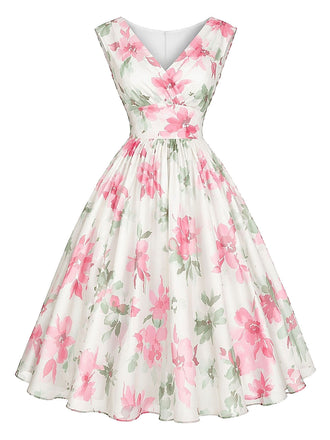 [Prevendita] Abito Rosa Scuro Anni '50 Floreale Scollo a V Cinched Waist 2