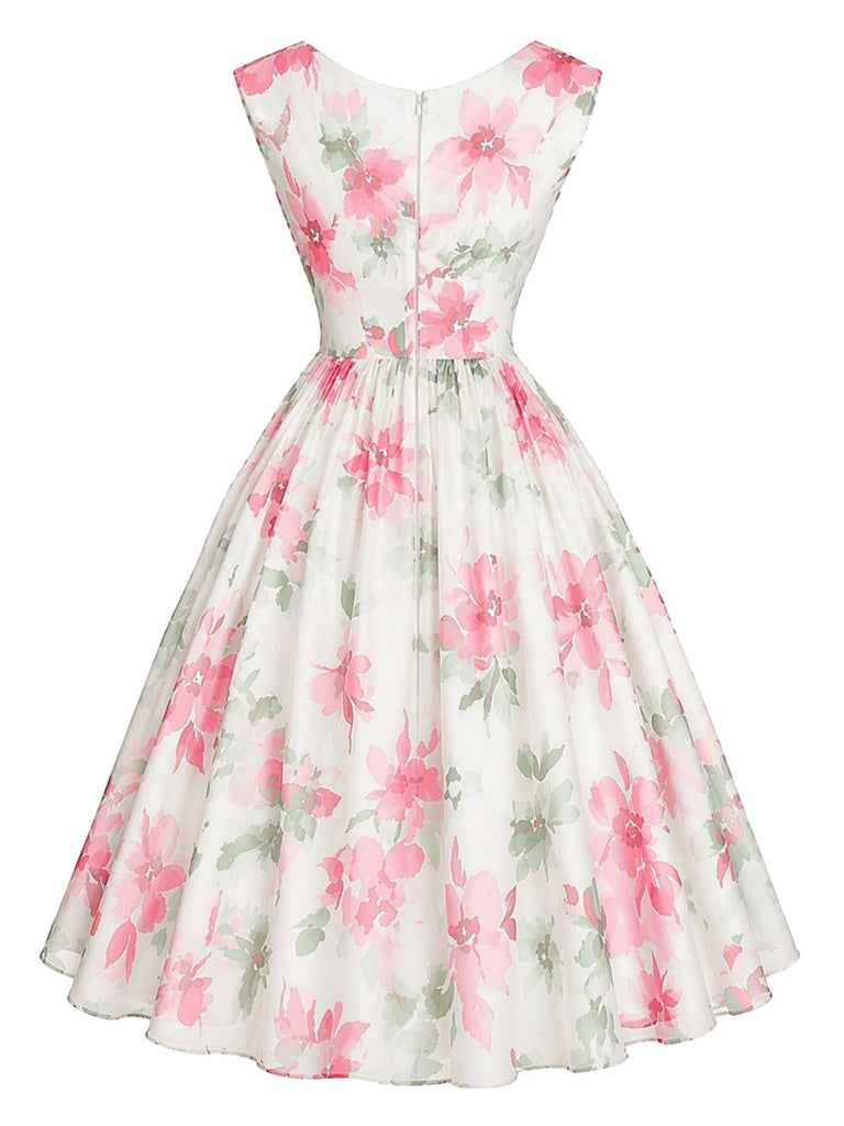 [Prevendita] Abito Rosa Scuro Anni '50 Floreale Scollo a V Cinched Waist 3