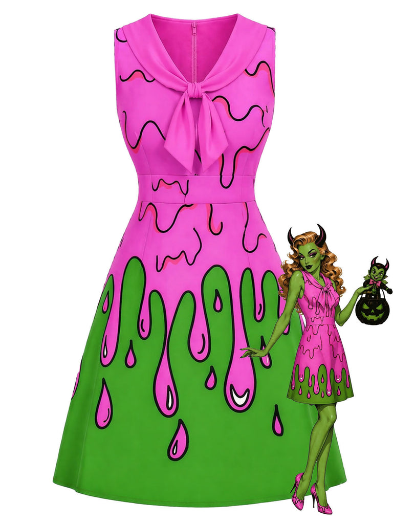 [Prevendita] Abito Rosa e Verde Anni '60 Tie Neck Spooky Slime Drip Senza Maniche