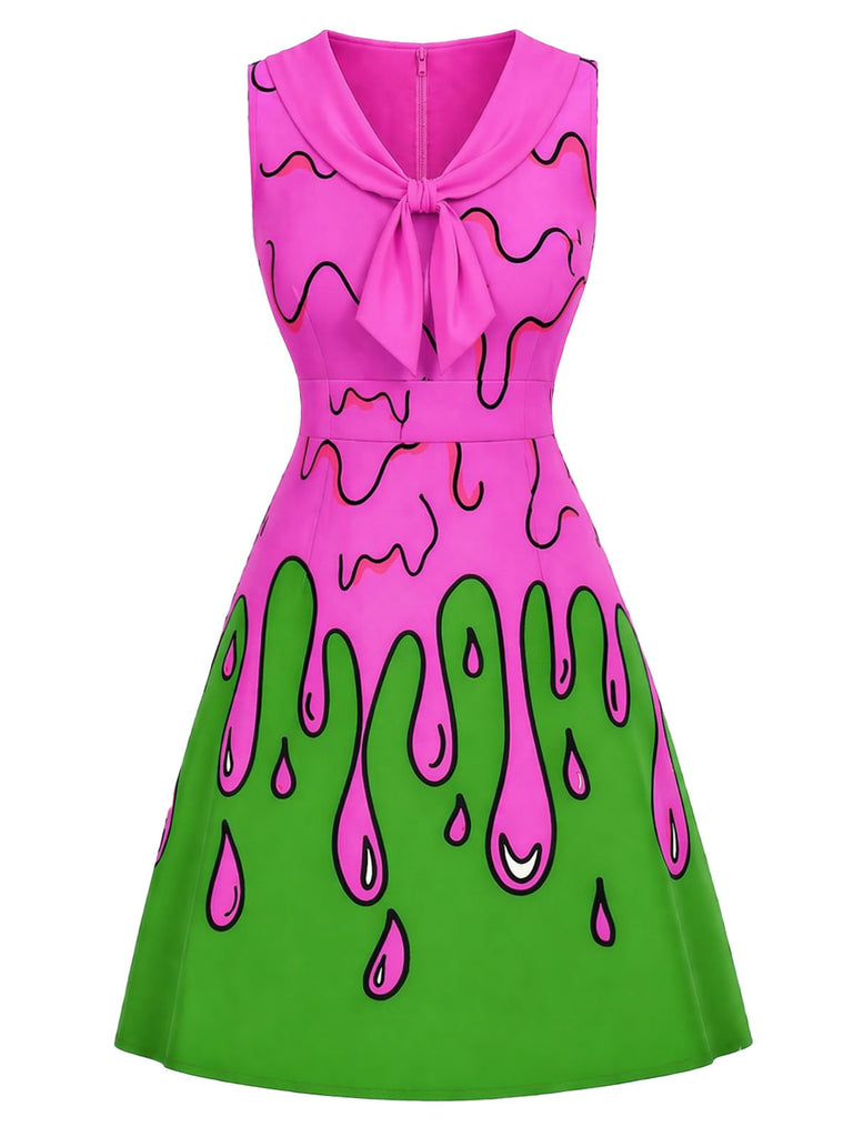 [Prevendita] Abito Rosa e Verde Anni '60 Tie Neck Spooky Slime Drip Senza Maniche 2
