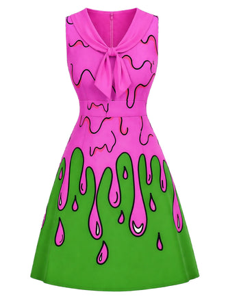 [Prevendita] Abito Rosa e Verde Anni '60 Tie Neck Spooky Slime Drip Senza Maniche 2