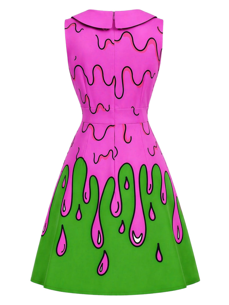 [Prevendita] Abito Rosa e Verde Anni '60 Tie Neck Spooky Slime Drip Senza Maniche 3