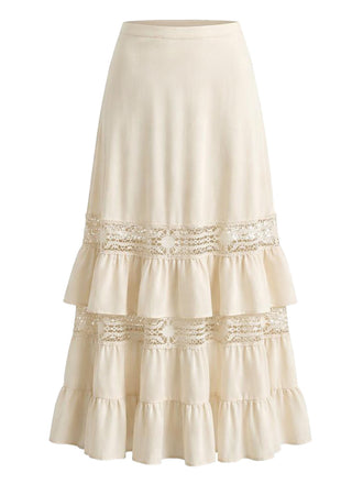 [Prevendita] Gonna Beige Anni '70 Boho in Pizzo a Balze con Volant e Aperture