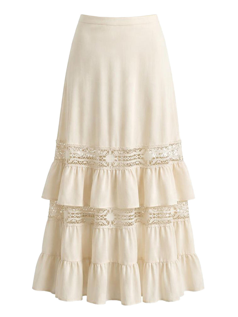 [Prevendita] Gonna Beige Anni '70 Boho in Pizzo a Balze con Volant e Aperture 2