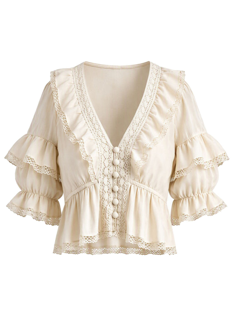 [Prevendita] 2PCS Completo Gonna Beige Anni '70 Boho con Camicetta in Pizzo e Volant 4