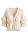[Prevendita] Camicetta Beige Anni '70 Boho in Pizzo con Volant e Maniche a Sbuffo