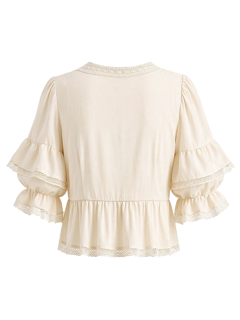 [Prevendita] Camicetta Beige Anni '70 Boho in Pizzo con Volant e Maniche a Sbuffo 2