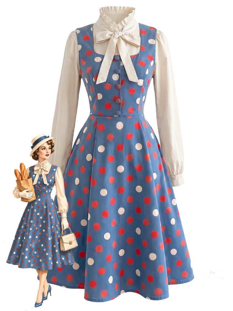 [Prevendita] 2PCS Abito Blu Lago Anni '50 a Pois con Camicetta con Fiocco e Colletto con Volant