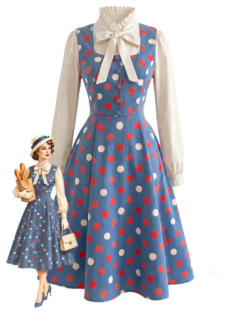 [Prevendita] 2PCS Abito Blu Lago Anni '50 a Pois con Camicetta con Fiocco e Colletto con Volant