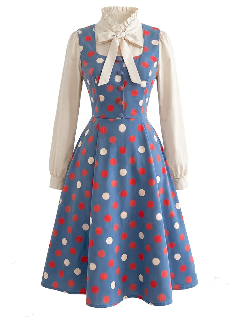 [Prevendita] 2PCS Abito Blu Lago Anni '50 a Pois con Camicetta con Fiocco e Colletto con Volant 2