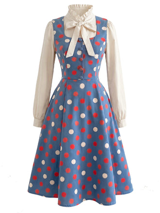 [Prevendita] 2PCS Abito Blu Lago Anni '50 a Pois con Camicetta con Fiocco e Colletto con Volant 2