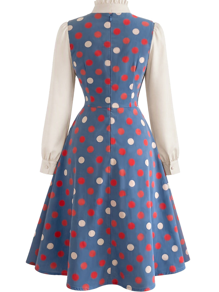 [Prevendita] 2PCS Abito Blu Lago Anni '50 a Pois con Camicetta con Fiocco e Colletto con Volant 3