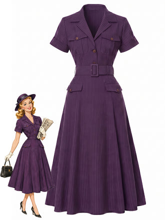 [Prevendita] Abito Midi Viola Scuro Anni '40 Gessato con Colletto a Camicia e Cintura