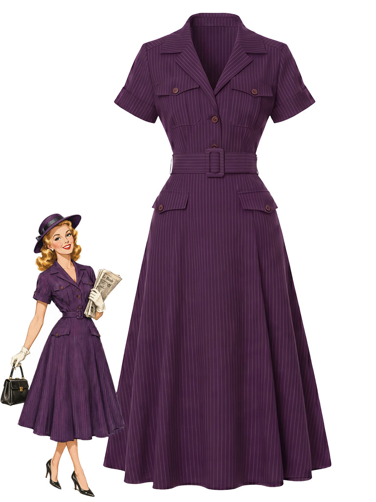 Abito Midi Viola Scuro Anni '40 Gessato con Colletto a Camicia e Cintura
