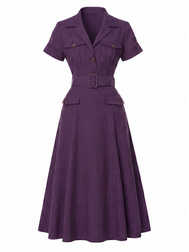 [Prevendita] Abito Midi Viola Scuro Anni '40 Gessato con Colletto a Camicia e Cintura