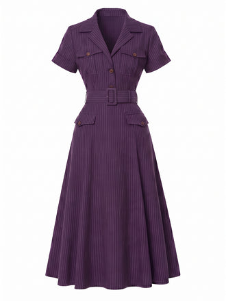 [Prevendita] Abito Midi Viola Scuro Anni '40 Gessato con Colletto a Camicia e Cintura