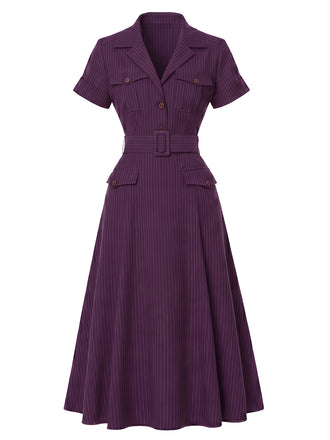 Abito Midi Viola Scuro Anni '40 Gessato con Colletto a Camicia e Cintura