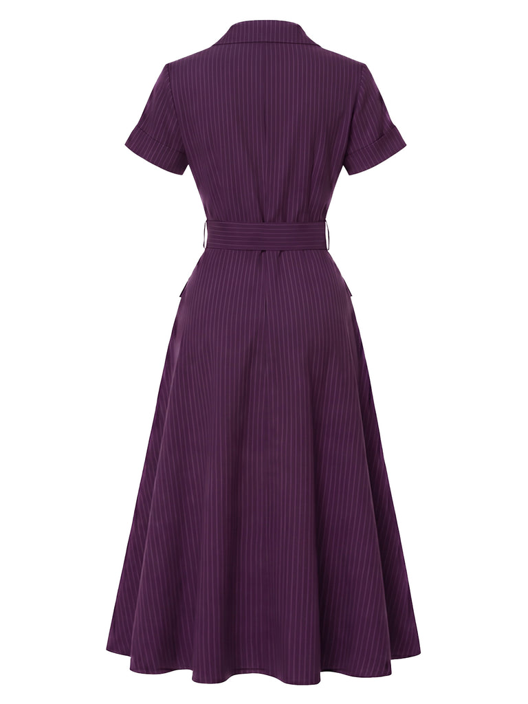 Abito Midi Viola Scuro Anni '40 Gessato con Colletto a Camicia e Cintura
