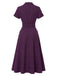 Abito Midi Viola Scuro Anni '40 Gessato con Colletto a Camicia e Cintura