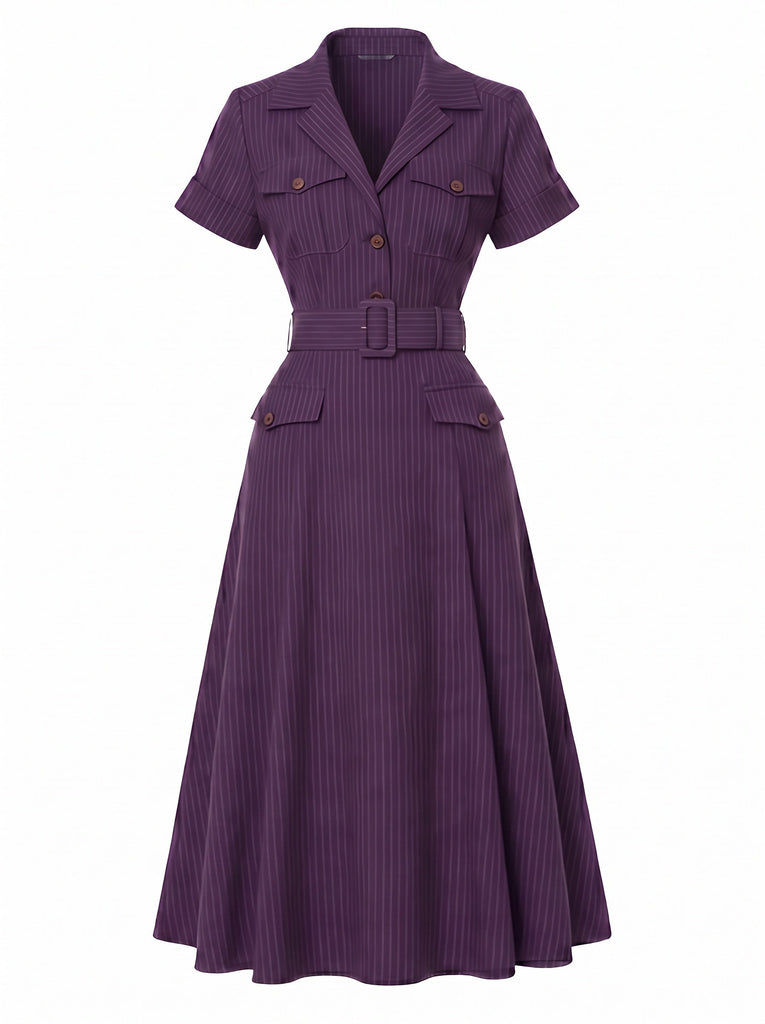 [Prevendita] Abito Midi Viola Scuro Anni '40 Gessato con Cintura Colletto a Camicia 2