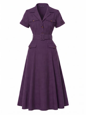 [Prevendita] Abito Midi Viola Scuro Anni '40 Gessato con Cintura Colletto a Camicia 2
