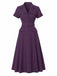 [Prevendita] Abito Midi Viola Scuro Anni '40 Gessato con Cintura Colletto a Camicia 2