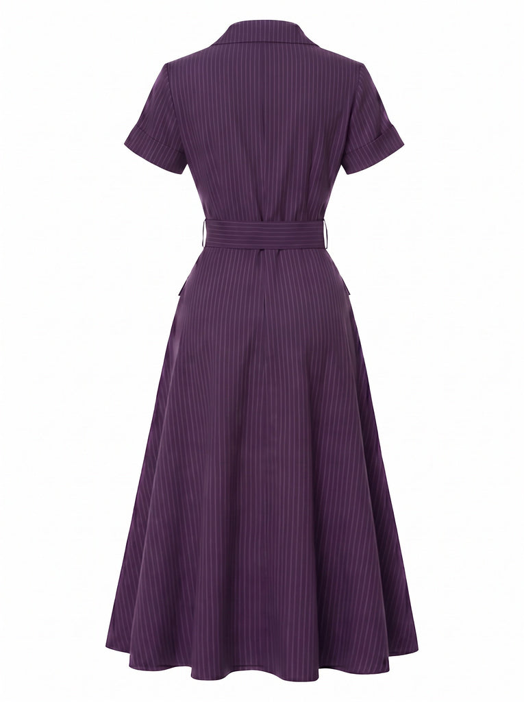 [Prevendita] Abito Midi Viola Scuro Anni '40 Gessato con Cintura Colletto a Camicia 3