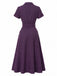 [Prevendita] Abito Midi Viola Scuro Anni '40 Gessato con Cintura Colletto a Camicia 3