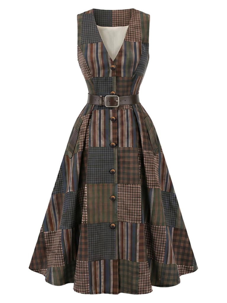 [Prevendita] Completo marrone con abito senza maniche a quadri patchwork con cintura e camicetta Anni '40 4