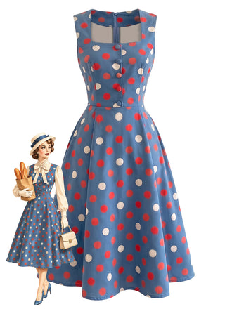[Prevendita] Abito Blu Lago Anni '50 a Pois Scollo Quadrato Senza Maniche