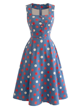 [Prevendita] Abito Blu Lago Anni '50 a Pois Scollo Quadrato Senza Maniche 2
