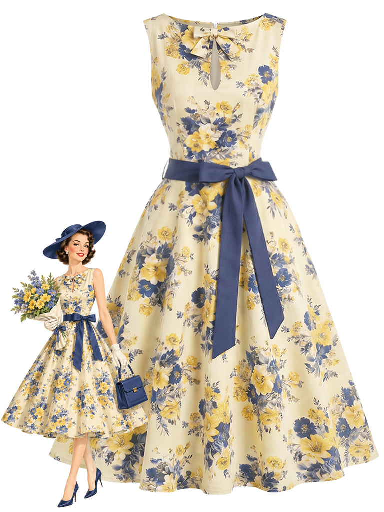 [Prevendita] Abito Multicolore Anni '50 Floreale con Scollo Tondo Fiocco e Cintura