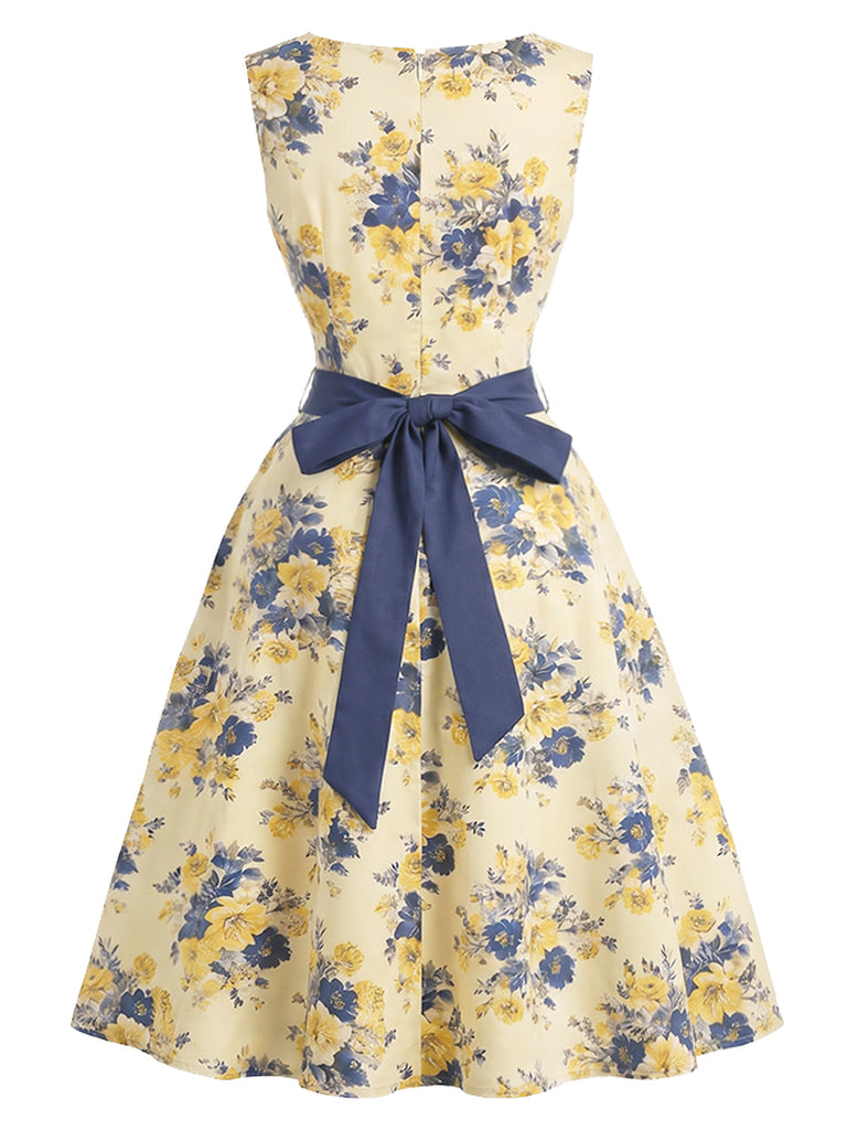 [Prevendita] Abito Multicolore Anni '50 Floreale con Scollo Tondo Fiocco e Cintura 3