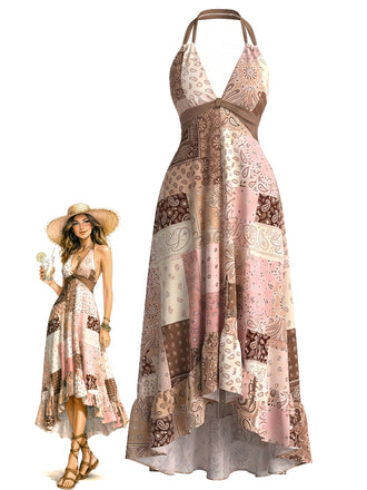 [Prevendita] Abito Multicolore Boho Allacciatura al Collo Floreale Patchwork Anni '50