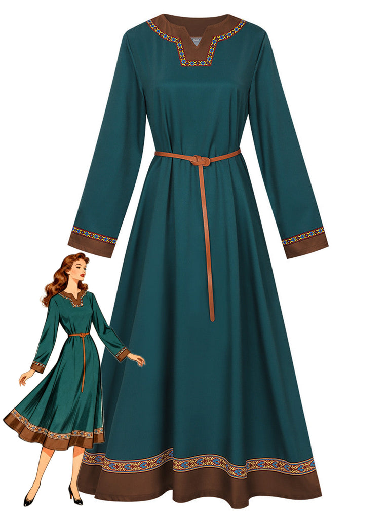 Abito Verde Anni '70 Teal Medieval Renaissance Patterned con Bordo con Cintura