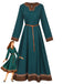 Abito Verde Anni '70 Teal Medieval Renaissance Patterned con Bordo con Cintura