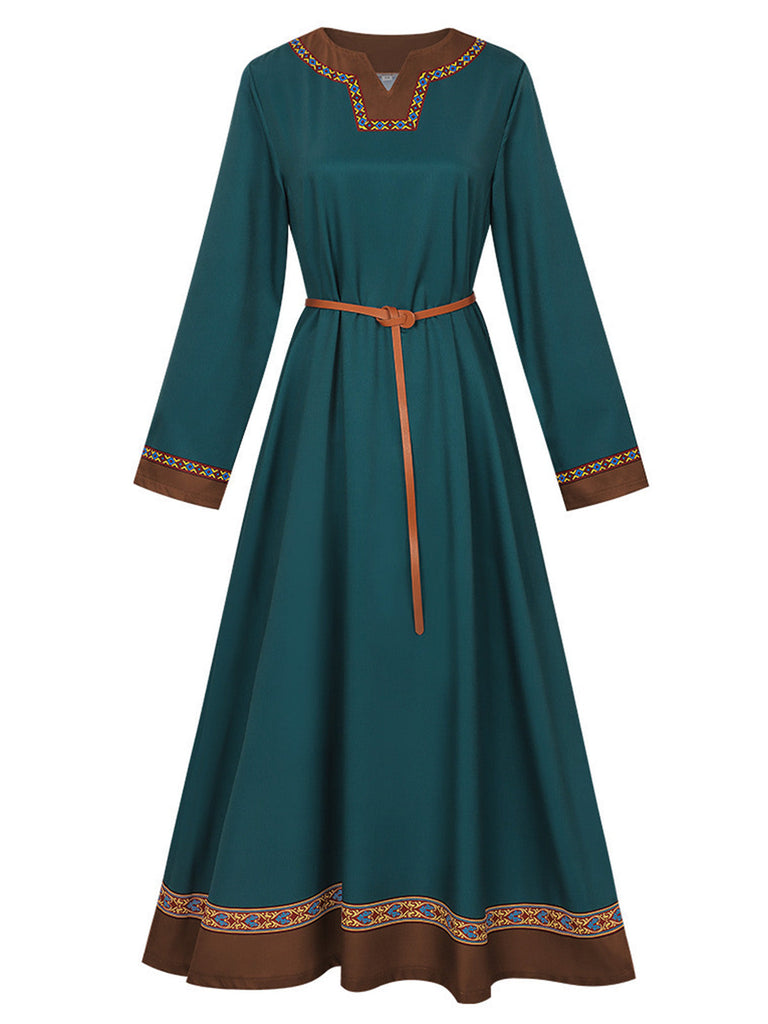 Abito Verde Anni '70 Teal Medieval Renaissance Patterned con Bordo con Cintura 2
