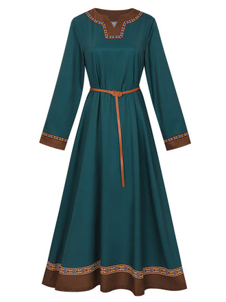 Abito Verde Anni '70 Teal Medieval Renaissance Patterned con Bordo con Cintura 2